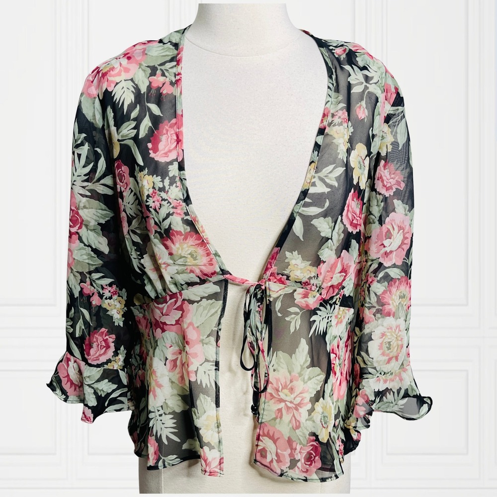 Positive Attitude Sheer Floral Tie Front Ruffle Cuff Cardigan Top Pink Green 6